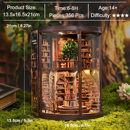 Book Nook Kit - Wisdom Rings Book Archive - Wooden Bookend and 3D Puzzle with LED Light, DIY Set for Adults, Bookshelf Decoration Diorama Kit, for Birthdays