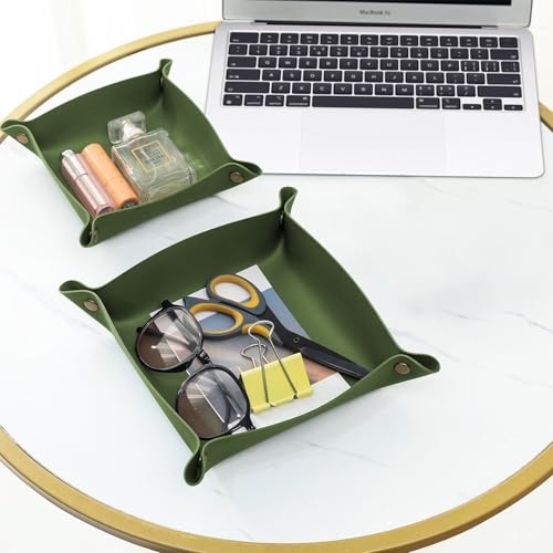 2 Pack (Size:9.84"&7.87") PU Leather Jewelry Valet Tray,Portable Entryway Table Nightstand Desk Tray Catchall Travel Plate Organizer for Phone, Keys, Wallet, Watch,Coin (Avocado Green) - color: Avocado Green