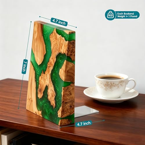 Glow in The Dark Green Resin Bookends, Burl Wood Book Ends for Shelves – Unique Luminous Book Organizer for Office Desk, for Book Lovers (Luminous Green) - color: Luminous Green