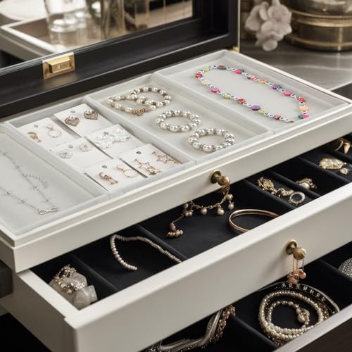 Inbagi 8 Pcs Small Velvet Jewelry Tray Stackable Jewelry Drawers Organizer Trays Jewelry Storage Trays 8.3 x 4.7 x 1 Inches (Beige) - color: Beige