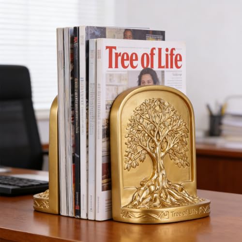 Tree of Life Bookends, Gold Resin Decorative Bookends for Shelves, Antique Style Book Ends Vintage Rustic Bookend, Heavy Bookends for Large Books, Sturdy Bookend Gift for Men Home Office - color: Gold