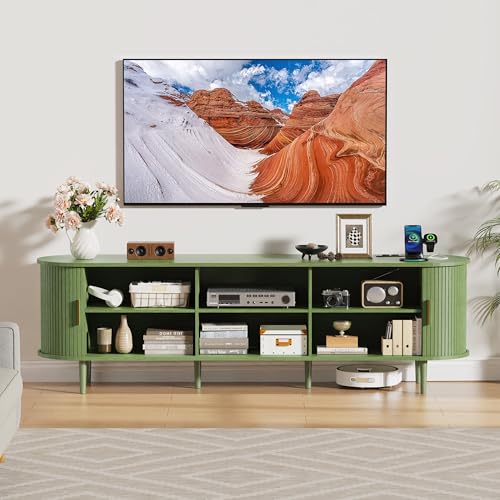 DHH 70.8 Inch Mid Century Modern TV Stand with Power Outlet for TVs up to 80 Inch, Entertainment Center with Storage and Adjustable Shelves, Media Console with Sliding Doors for Living Room(Green) - color: Green, size: 71 Inch