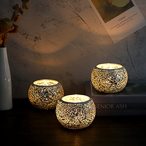 OwnMy 3PCS Mosaic Glass Tea Light Holders Round Bowl Votive Candle Holders Pillar Candle Stands, Silver Glass Mosaic Tealight Holders Potted Plant Bowl Vase Candle Centerpiece for Dining Table Wedding - color: Silver