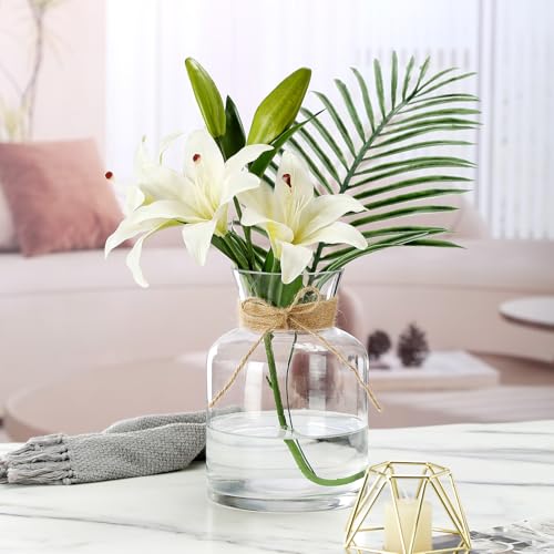 8" Decorative Modern Flower Vase with Twine Rope for Floral Arrangements, Wide Mouth Large Clear Glass Vase for Bouquet(Transparent) (Clear, 03) - color: Clear, size: 03