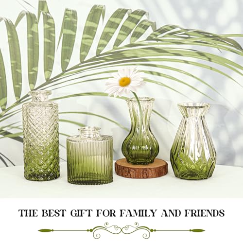 Set of 4 Glass Bud Vase Set, Small Vintage Clear Flower Vase Centerpieces for Table Bulk Cute Rustic Style Mini Vase for Home Decor Wedding Baby Shower Birthday Party(Ombre Green) - color: Ombre Green