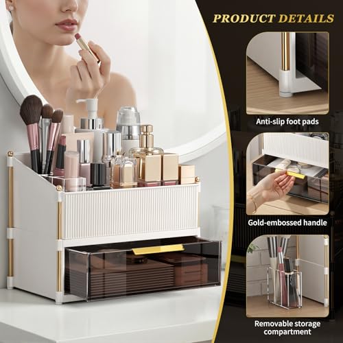 INVSSENE Stackable Makeup Organizer Countertop, Storage Perfume Skincare Cosmetic Lipstick Face Mask Makeup Brush Palettes, Ideal for Vanity Bathroom Counter - color: 3514 White+Coffee