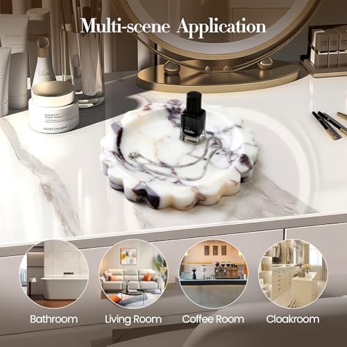 SAMAH Calacatta Viola Natural Marble Tray, Scalloped Bathroom Tray, Luxury Decorative Trays for Bathroom, Vanity, Dresser, Kitchen & Home Decor, Valentine's Day House Warming Gifts New Home(Round) - size: 6.3"