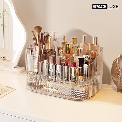 Makeup Organizer with Drawers and 360° Rotating Brush Holder, Large Capacity Cosmetic Storage for Vanity, Skincare, Perfume, Hair Accessories, Lipstick & Jewelry (Clear, 2-layer) - color: Clear, size: 2-layer