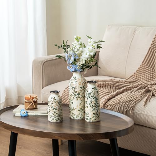 Ceramic Vase Set of 3, Vintage Green & Beige Chinoiserie Floral Vases, Rustic Grandmillennial Farmhouse Decor for Living Room, Kitchen, Bedroom - color: 05-green and Beige-set of 3