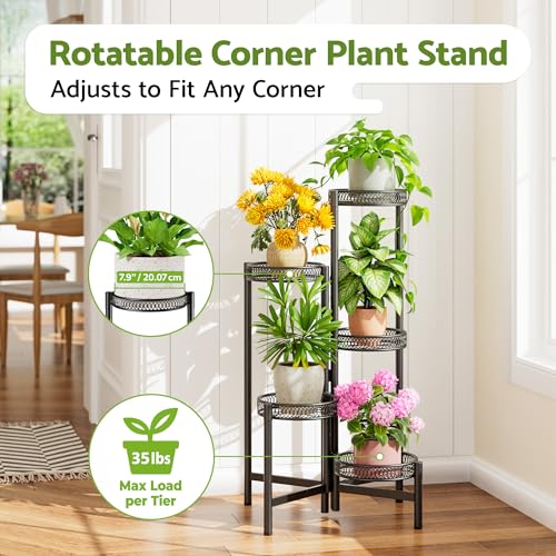 Plant Stand Indoor Outdoor, 5 Tier Corner Metal Flower Display Holder Stand, Folding Tall Plant Rack for Patio Balcony Porch Garden Living Room House, Heavy Duty Wrought Iron Plant Shelf - BlackFlower - color: BlackFlower, size: 5-Tiers