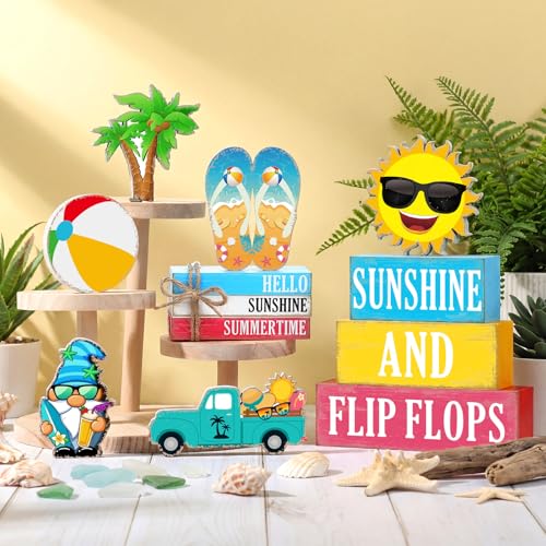 Vercraft 11 Pcs Summer Decorations Set Sunshine Tiered Tray Decor Hello Sweet Summer Wooden Blocks Flip Flops Coconut Tree Centerpiece for Home Office Decorations - style: Hawaiian