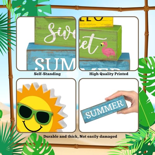 Yuntau 4 Pcs Summer Table Decoration Hello Sweet Summer Tiered Tray Decor Rustic Wood Flamingo Centerpiece Summertime Decorative Block Signs Farmhouse Tabletop Decor for Home Kitchen Shelf Office - style: Sunshine