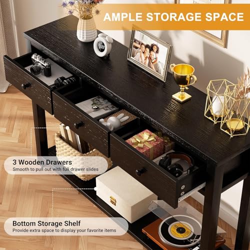 Homieasy Farmhouse Console Table with 3 Drawers, 47 Inch Wood Sofa Table with Storage Shelf for Living Room, Behind Couch, Entryway Table for Hallway, Living Room, or Foyer, Black