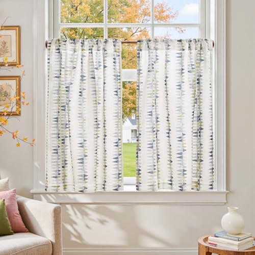 jinchan Mudcloth Boho Kitchen Curtains for Windows Light Filtering Linen Blend 36 Inch Farmhouse Tier Curtains Small Window Drapes for Living Room Bathroom RV 2 Panels Rod Pocket Dusty Blue on Linen - color: Tribal | Dusty Blue on Linen, size: 26"W x 36"L
