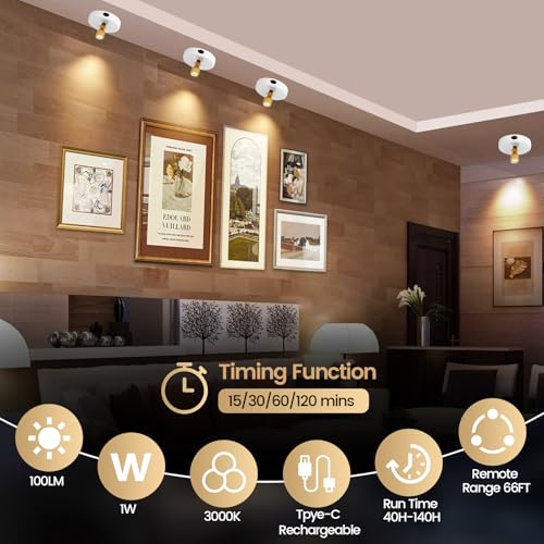 HAMVIDNE LED Spotlight, Rechargeable Battery Picture Lights, Uplighting Indoor with Remote, Stick Spot Lights for Wall Display Dartboard Painting Artwork Accent-2pcs - color: Chargeable White Gold, size: 2 Pack