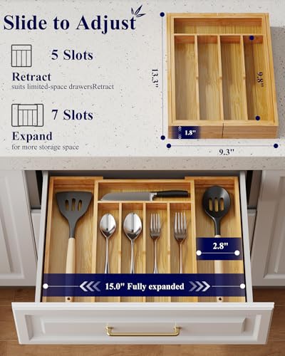 Kitsure Silverware Organizer - Expandable Bamboo Kitchen Drawer Organizer for Cooking Utensils and Cutlery, Sturdy & Thickened Kitchen Organizers and Storage Solution, Medium, Natural - color: Natural, size: Medium