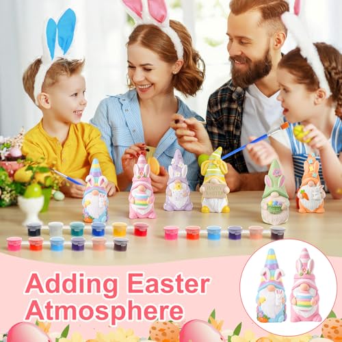 Arrowbash 6 Pcs Easter Ceramics to Draw Ready to Paint Your Own Gnome Statues 5.12 Easter Egg Rabbit Theme Paintable Figurines DIY White Ceramics Plaster Crafts Kit with Brush Palette - style: Easter
