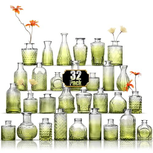 Arme Bud Vase Set of 32, Green Vases Glass Bud Vases in Bulk, Small Vases for Centerpieces Mini Flower Vase Set Cute Vintage Glass Vase Set for Flower Wedding Home Centerpiece Table Decorations - color: Green-32pcs, size: 32 Pcs