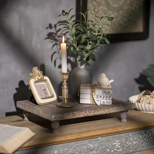Hanobe Wooden Riser Decorative Tray: Farmhouse Wood Pedestal Display Stand - Rustic Brown Coffee Table Decor for Kitchen Dining Home Decor, Short & Tall Footed