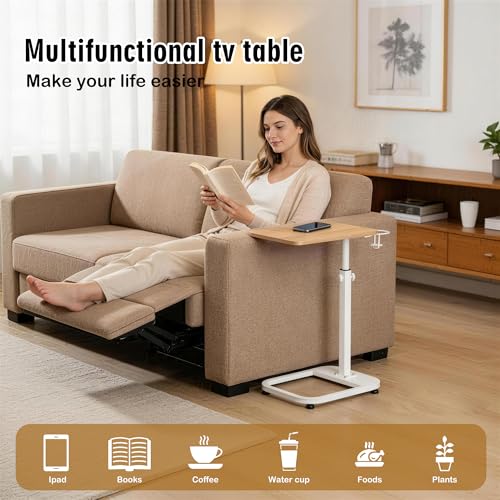 facka Adjustable C-Shaped End Table for Couch & Bed, Adjustable Height TV Tray, Stable Laptop Desk, Space-Saving Snack Side Table with Rounded Metal Corners - color: Natural Maple