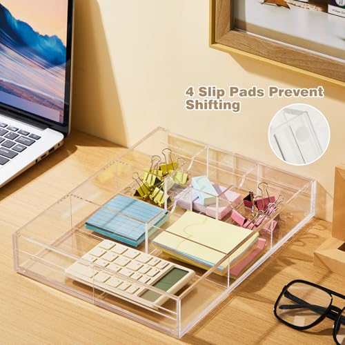 Briwooody 2 Pcs Acrylic Desk Drawer Organizer Maximum 12 x 18 x 2.1 Inch Expandable Drawer Organizer Trays with 8 Adjustable Compartments Desk Accessories for Makeup Silverware Office Bathroom - size: 12 x 18 x 2.1 Inch