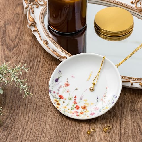 Crisky Initial Jewelry Tray Ring Dish & Gift Box, Ceramic Flower Trinket Dish for Rings Earrings Necklaces Keys, Bridal Shower Engagement Birthday Gift for Women, Friends 4.57" (Gold Foil J - style: Initial J