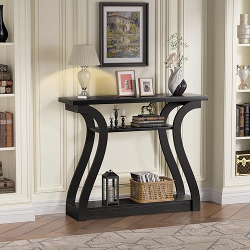 Wooden Console Table with Curved Legs and Shelf, 3-Tier Modern Accent Narrow Sofa Table for Entrance Area, Living Room, Hallway, 47 in Wide Wood Console Table for Entryway (Black) - color: Black