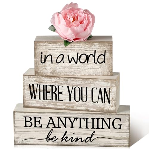 Yuntau 4 Pcs Farmhouse Flower Wooden Table Decor Farmhouse Tiered Tray Decor Rustic Faux Decorative in a World Where You Can Be Anything Be Kind Block Sign Inspired Centerpiece for Home Shelf - style: Flower