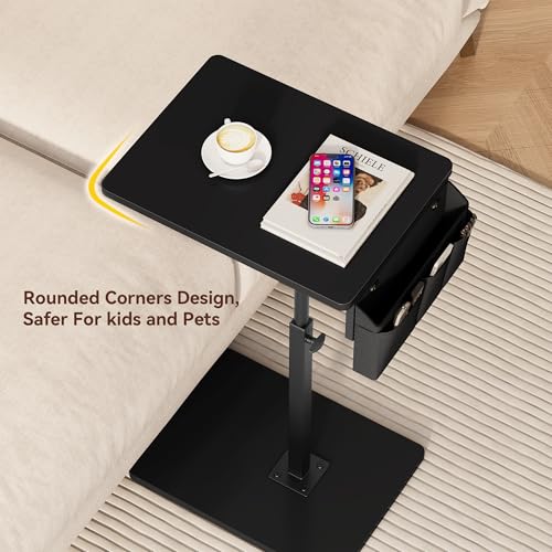 Vagusicc Sofa Armrest Tray Table for Couch, 360° Swivel Height Adjustable TV Tray Table for Small Spaces, Snack Side Table for Couch, Bed, Chair, C Shaped End Side Table for Eating, Reading, Laptop - color: Black, style: With Storage Bag