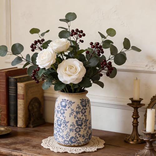 Ronasip Vintage Blue and White Chinoiserie Ceramic Vase, 6.9” Hand-Painted Peony Floral Design, Antique Style Vases for Home Decor, Centerpieces, Living Room, Balcony (Blue and White) - color: Blue and White
