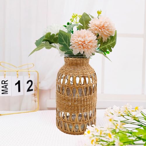 Straw Woven Glass Vase 6.29''x1.77''x3.15''Boho Glass Flower Vase Country Rustic Style Vase Glass Vase for Floral Arrangements Housewarming Party Home Decor (C Style 6.29IN) - size: 6.29IN