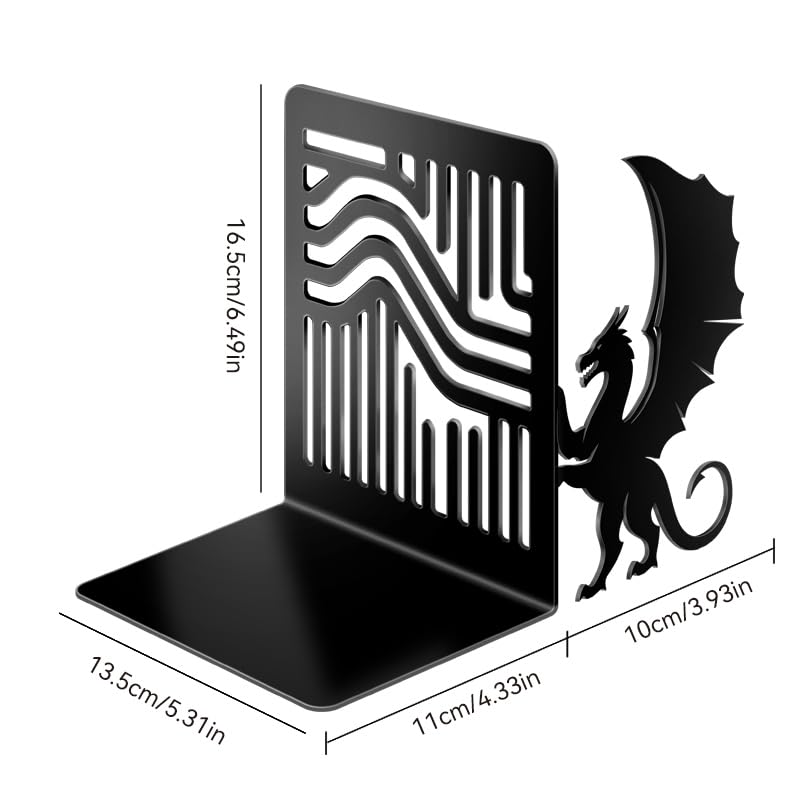 Dragon Metal Book Ends Decorative Set of 2 - Fantasy Themed Bookends for Heavy Books, Gothic Geometric Book Holders for Bookshelves, Matte Black Office, Home, Library Desk Decor - color: Type-6