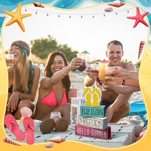 Yuntau 4 Pcs Summer Table Decorations Wooden Sign Flip Flops Table Centerpiece Summer Tiered Tray Decor Decorative Faux Book Stack Block for Coffee Fireplace Mantel Floating Shelf Hawaii - style: Flip Flops
