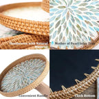 Round Rattan Tray with Mother of Pearl Inlay, Rattan Serving Tray for Coffee, Bread, Fruits, Decorative Wicker Tray for Table Decor, Home Decor, Kitchen Island Decor (Ambilight, 11.8")