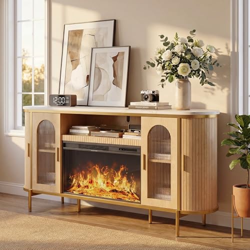 MXV 70" Fluted TV Stand for TVs up to 80", Mid Century Modern Entertainment Center with Sliding Doors & Glass Door, TV Console Table with Faux Marble Top for Living Room, Oak (70IN with Fireplace) - size: 70IN with Fireplace