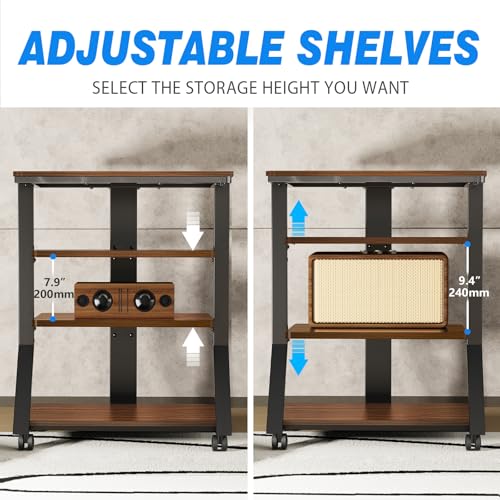 Rfiver 4-Tier AV Media Stand with Wheels, Mobile Rack Audio Tower with Height Adjustable Shelves, Wooden Stereo Racks and Stands, Stereo Stand for Record Player, TV Box, Corner Entertainment Center