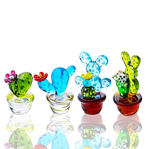 H&D HYALINE & DORA 4pcs Mini Glass Blown Cute Cactus Art Blown Handmade Glass Figurines Collectibles Home Table Decoration Simulation Plants - color: Colorful