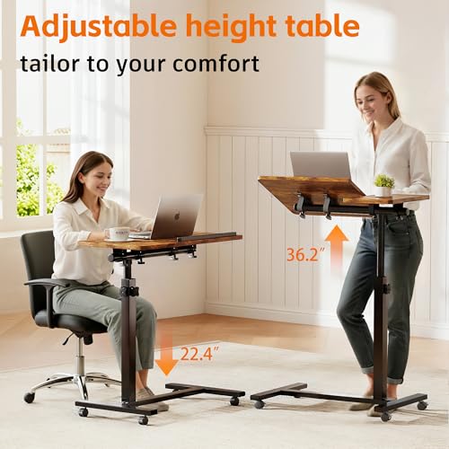 LINGMI Overbed Bedside Desk Mobile Rolling Laptop Stand Tilting Overbed Table with Wheels Height Adjustable Tray Table for Laptop Bed Sofa Side Table - color: Rustic Brown