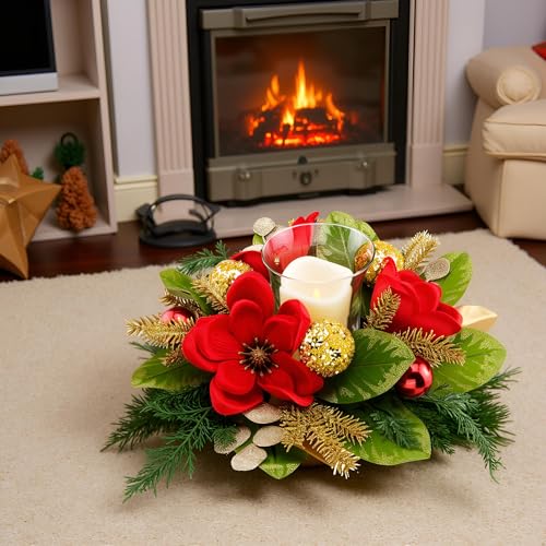 18" Centerpiece with Flameless LED Candle Holder, Design with Red Artificial Magnolia, Gold Baubles & Spruce Branches for Holiday Decor (Red) - color: Red