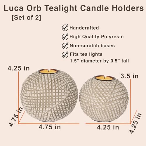 Luca Orb Tea Light Candle Holders (Gift Boxed Set of 2) Grid Pattern, Beige and White - color: Beige and White