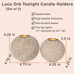 Luca Orb Tea Light Candle Holders (Gift Boxed Set of 2) Grid Pattern, Beige and White - color: Beige and White