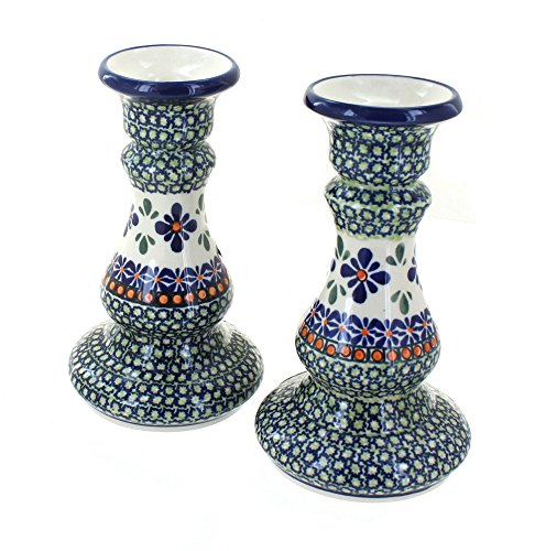 Blue Rose Polish Pottery - Green Mosaic Flower Candlestick Pair - 8" Tall - Hand-Painted Polish Pottery Ceramic Candle Holders