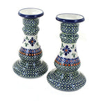 Blue Rose Polish Pottery - Green Mosaic Flower Candlestick Pair - 8" Tall - Hand-Painted Polish Pottery Ceramic Candle Holders