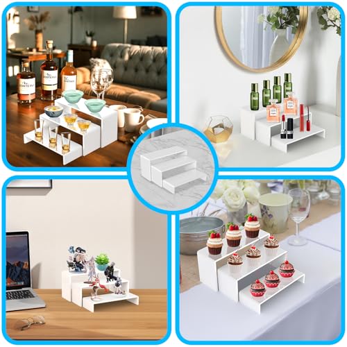 6 PCs Risers Display Stands 3 Tiers Desktop Acrylic Shelves Cake Dessert Holder Products Stand for Collectibles Shoes Jewels Pop Figure (White) - color: White