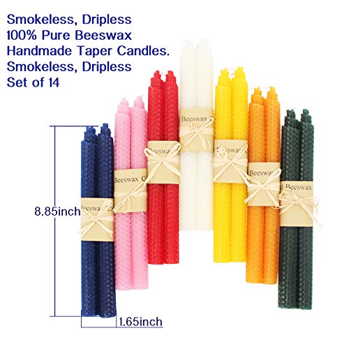 Set of 14 Beeswax Handmade Taper Candles, 9 Inch Smokeless Dripless Wax Candles, Beeswax Candle for Home Gift Ideas, Long Candle Sticks for Wedding,Dinner - color: 7Pair-Classical