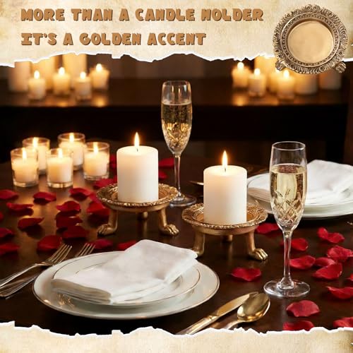 2 Pack Brass Color Candle Holder Pedestal Dish Stand Gold Vintage Tray Clawfoot Plate Decor for Jewelry Wax Ring Trinket