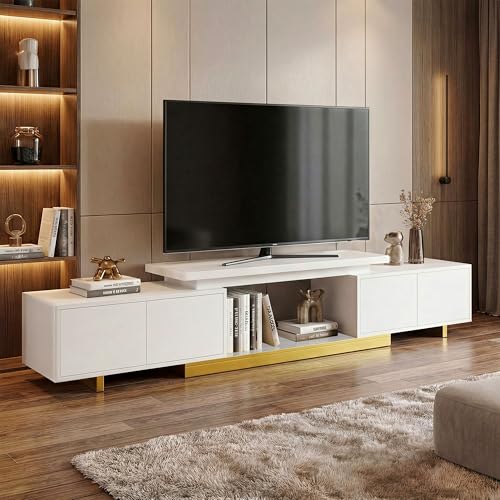 LIKIMIO Extendable TV Stand for 65-90 Inches TVs, Adjustable Length 63''-94.5'', Modern White Entertainment Center with Storage Cabinets, Charging Station & LED Lights, Media Console for Living Room