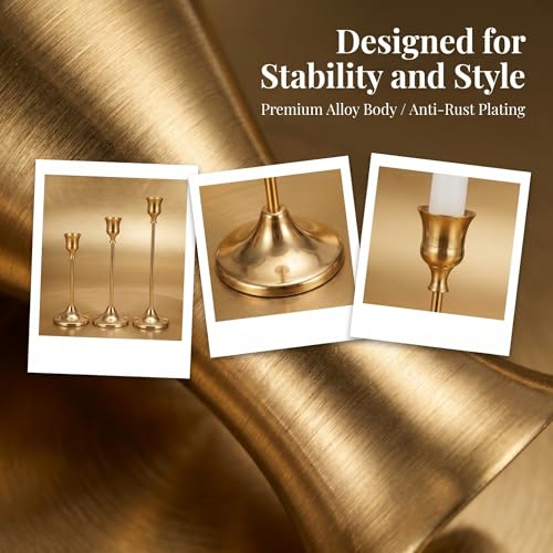Brass Taper Candle Holders 2 Sets(6 Pcs) - Tall Metal Candlestick Holders for Table Centerpiece, Formal Dinner, Wedding, Fireplace Mantel Decor, Fits 3/4 Inch Thick Candles - color: Brass