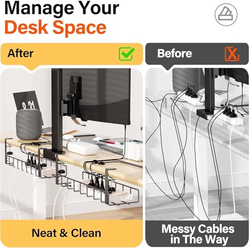 3 Pack Cable Management Under Desk Tray, 47.1" No Drill Under Desk Wire Management with Upgraded Clamp, Metal Cord Organizers with Cable Organizers, PC Cord Organization Rack, Black - color: Black, size: 3 Pack (Standard)