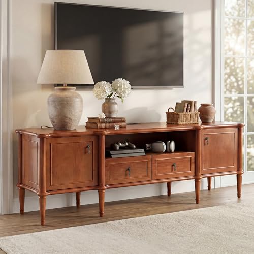 STO'SENSE 63" Pre-Assembled Tv Stand w/Power Outlet, Solid Wood Grain TV Consoles w/2 Cabinets & 2 Drawers, Mid Century Modern Entertainment Center for Living Room, Fits TVs up to 75", Vintage Walnut - color: Vintage Walnut